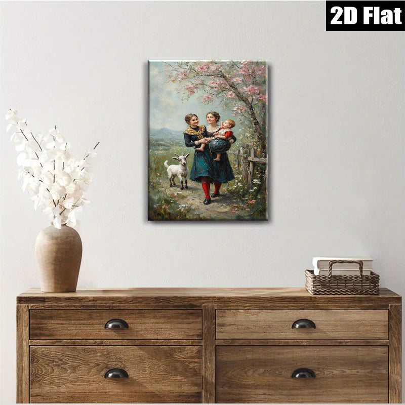 2D flat 1pc Farm Life Sisters with Child Pastoral Scene Wall Art Decor for Living Room Bedroom Home Office Gallery Wrapped Canvas Print Modern Farmhouse Style