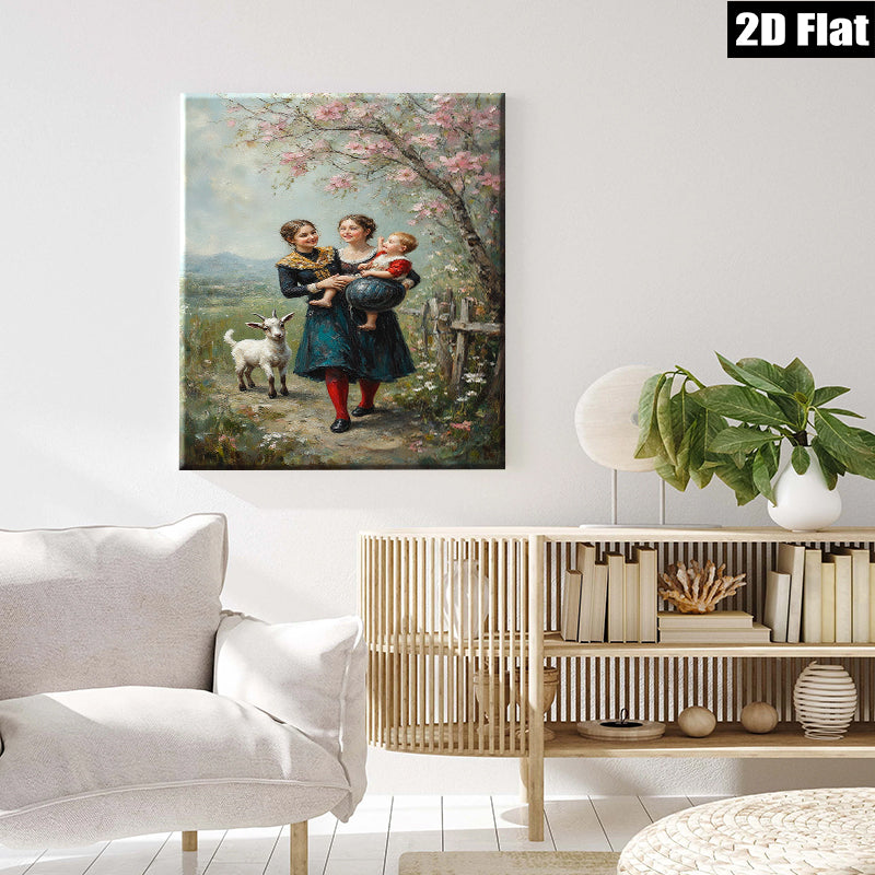 2D flat 1pc Farm Life Sisters with Child Pastoral Scene Wall Art Decor for Living Room Bedroom Home Office Gallery Wrapped Canvas Print Modern Farmhouse Style