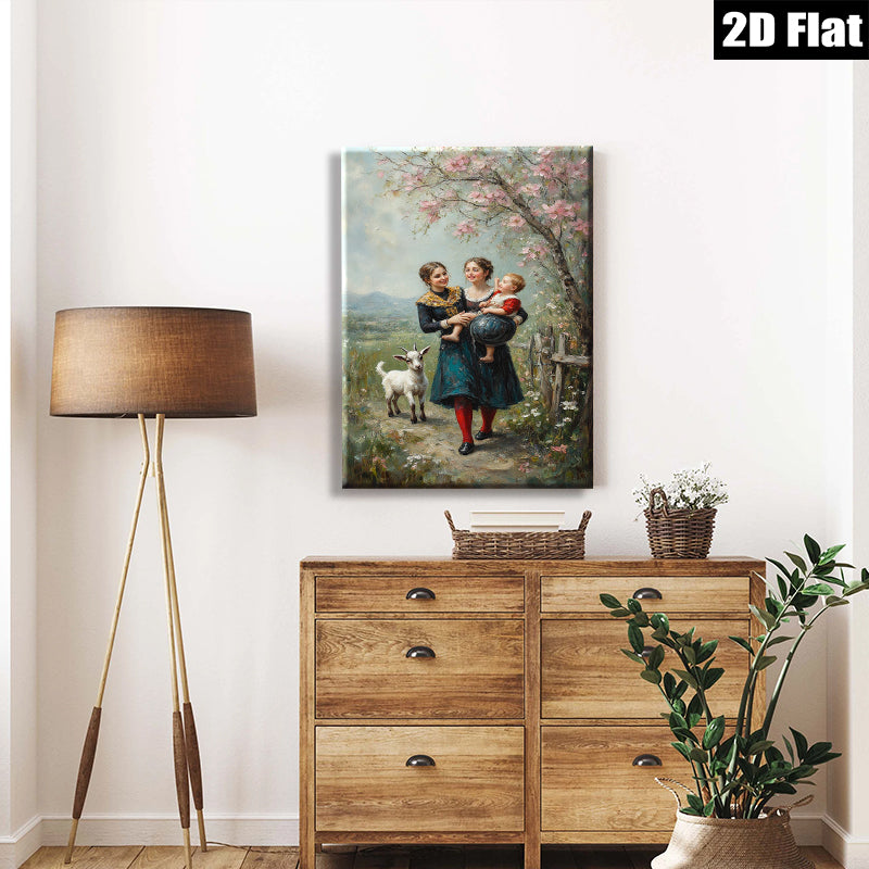 2D flat 1pc Farm Life Sisters with Child Pastoral Scene Wall Art Decor for Living Room Bedroom Home Office Gallery Wrapped Canvas Print Modern Farmhouse Style