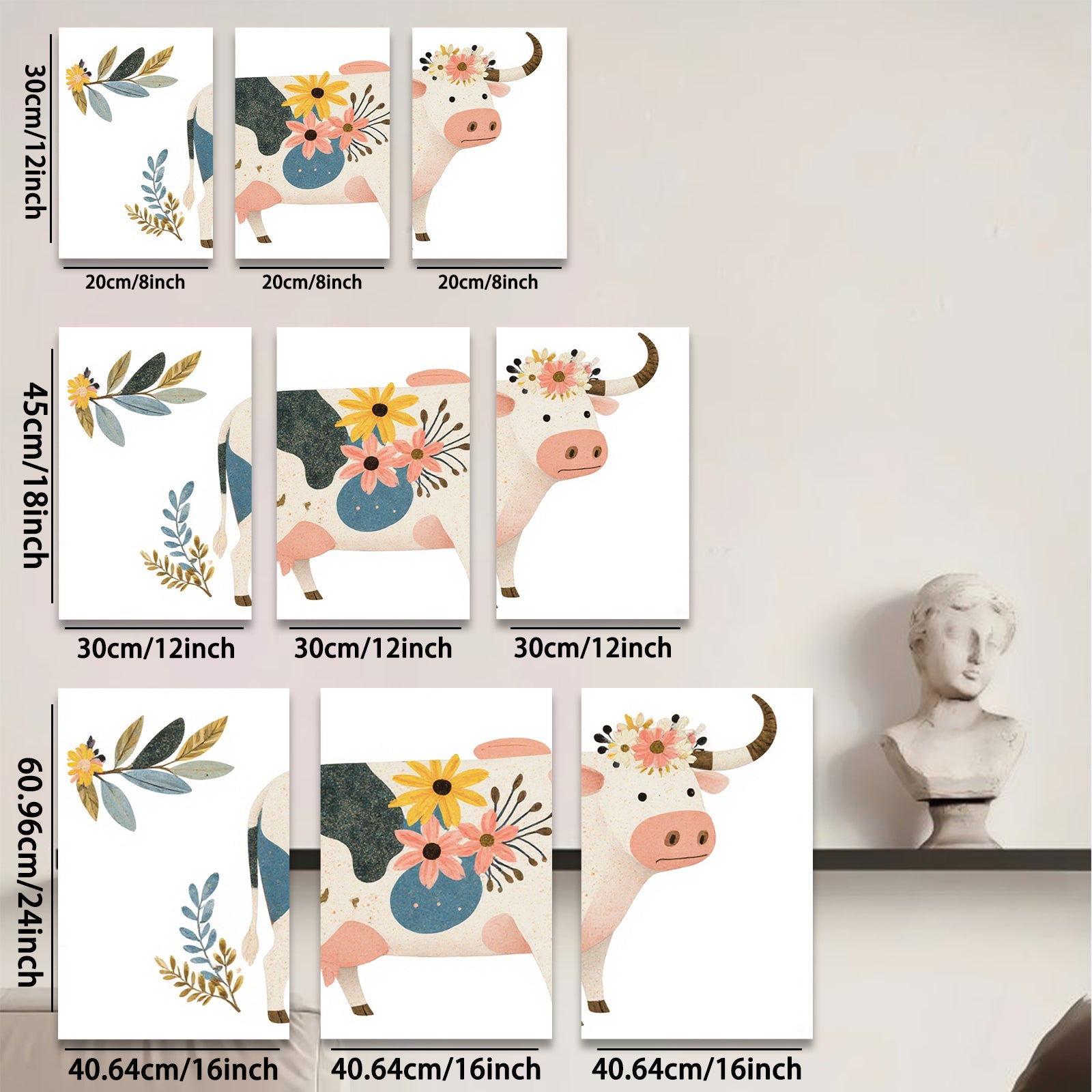 2D flat 1pc Farmhouse Cow Floral Wall Art Decor for Living Room Bedroom Kitchen Rustic Modern Gallery Wrapped Canvas Prints Home Decor