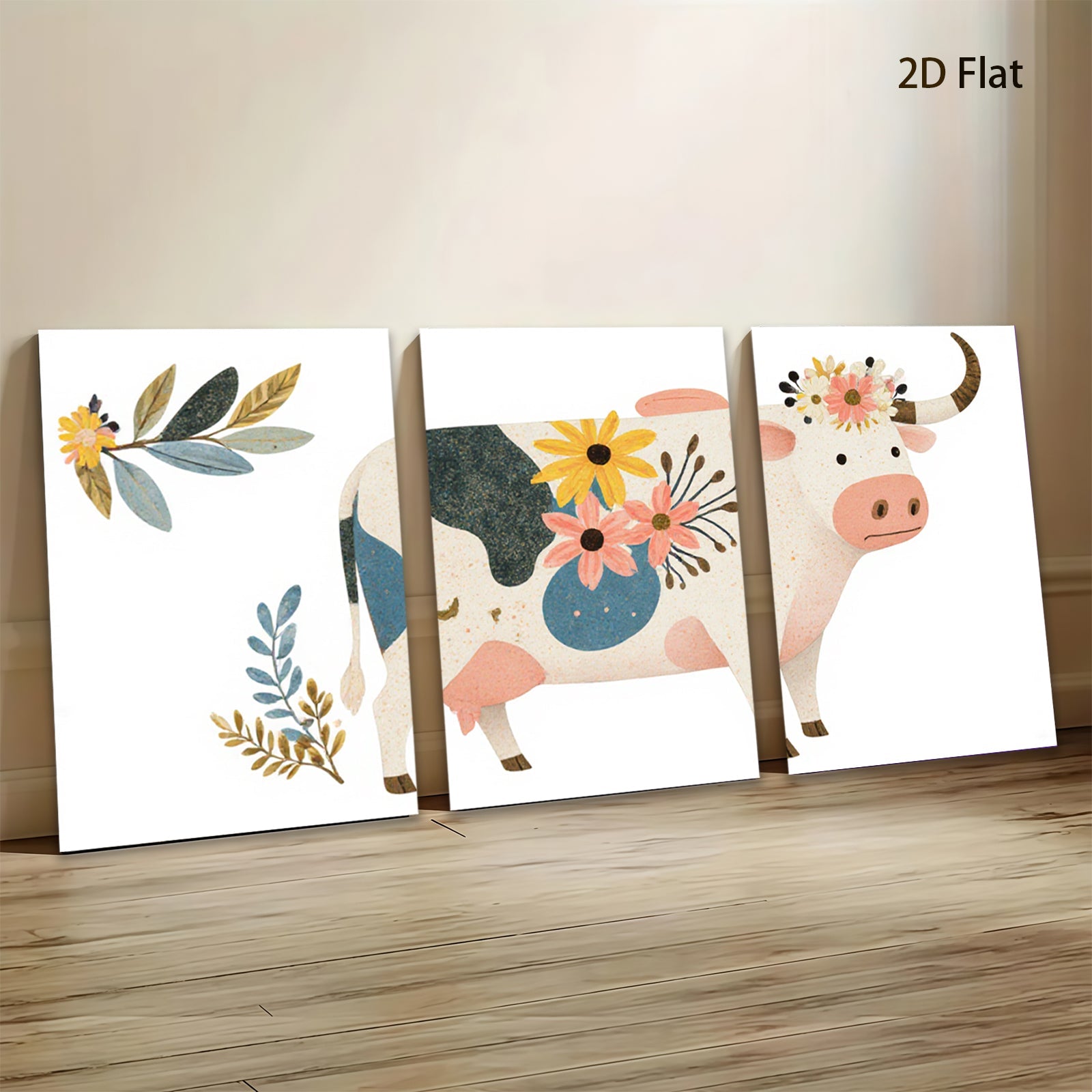 2D flat 1pc Farmhouse Cow Floral Wall Art Decor for Living Room Bedroom Kitchen Rustic Modern Gallery Wrapped Canvas Prints Home Decor
