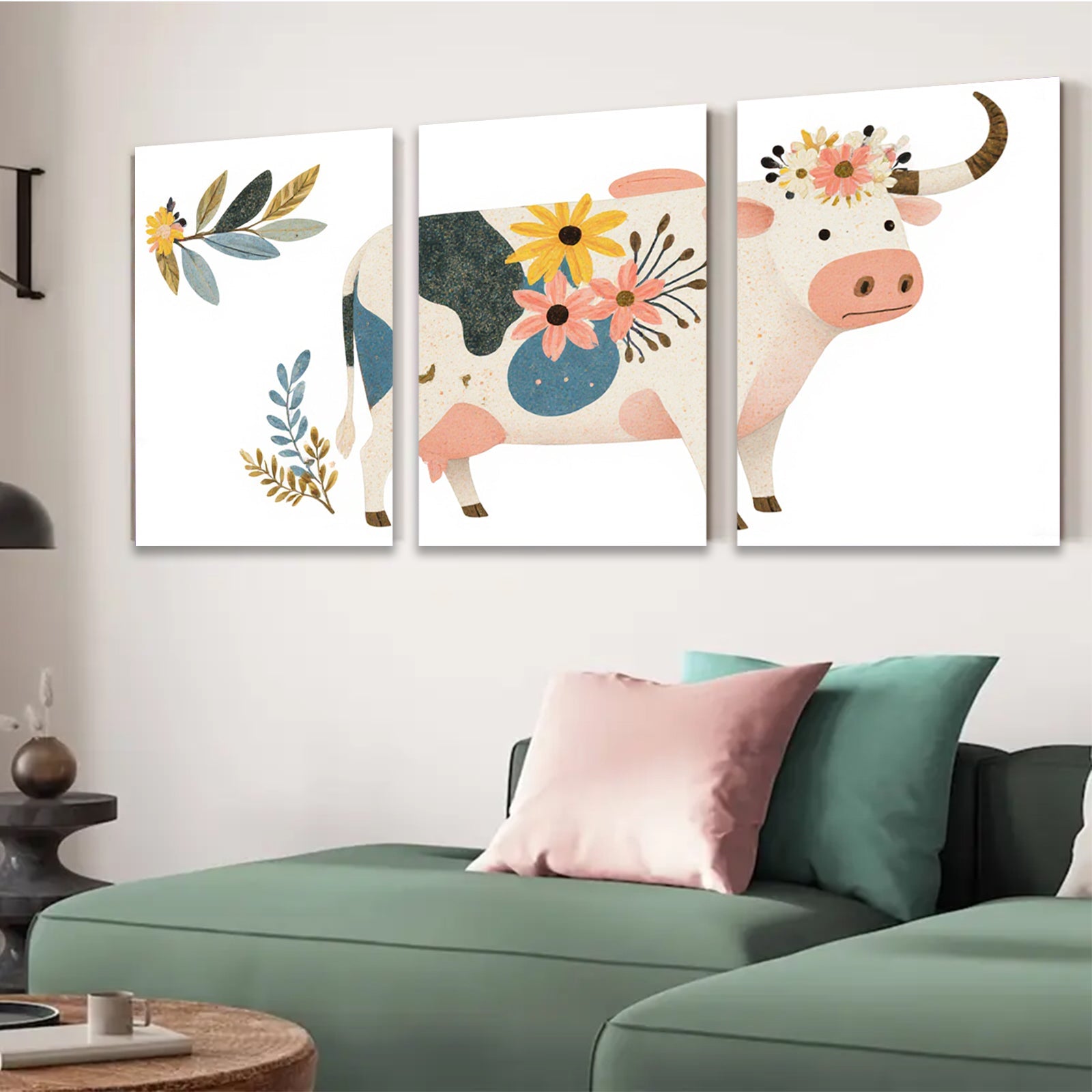 2D flat 1pc Farmhouse Cow Floral Wall Art Decor for Living Room Bedroom Kitchen Rustic Modern Gallery Wrapped Canvas Prints Home Decor