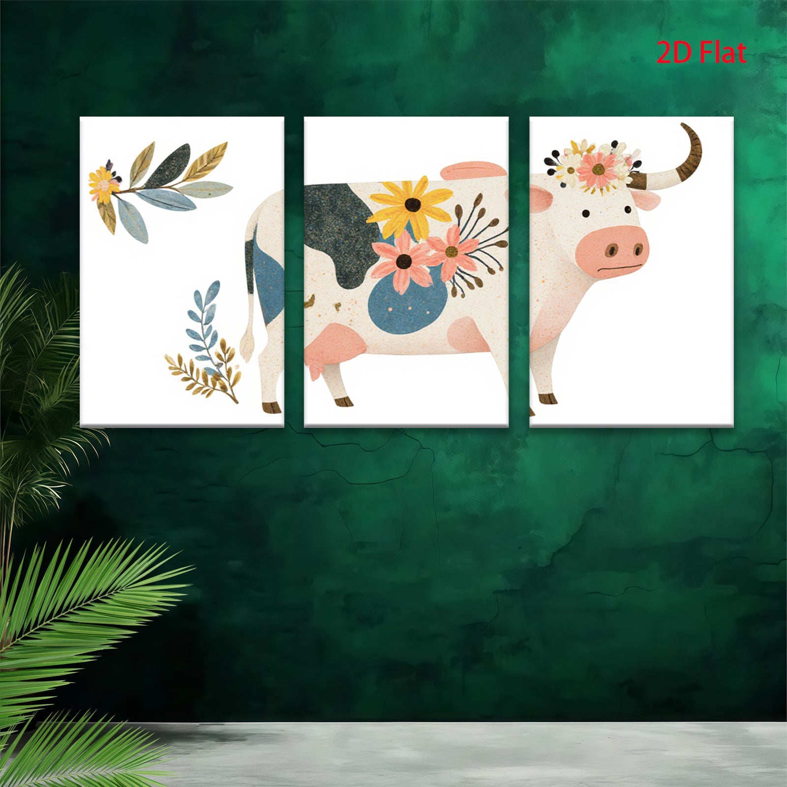 2D flat 1pc Farmhouse Cow Floral Wall Art Decor for Living Room Bedroom Kitchen Rustic Modern Gallery Wrapped Canvas Prints Home Decor