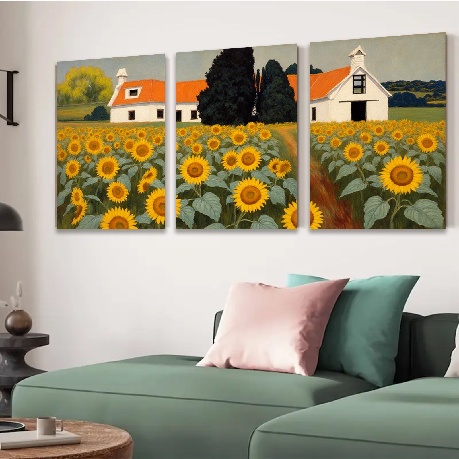 2D flat 1pc Farmhouse amidst vibrant sunflower field rustic country wall decor living room bedroom gallery wrapped canvas prints farmhouse style