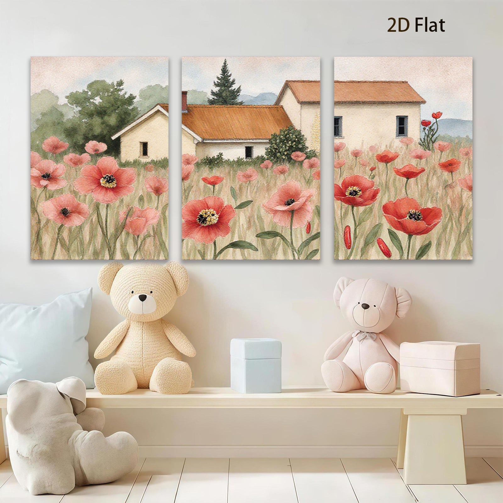 2D flat 1pc Farmhouse nestled among vibrant red poppies country living room wall decor rustic kitchen art botanical prints farmhouse style wall art