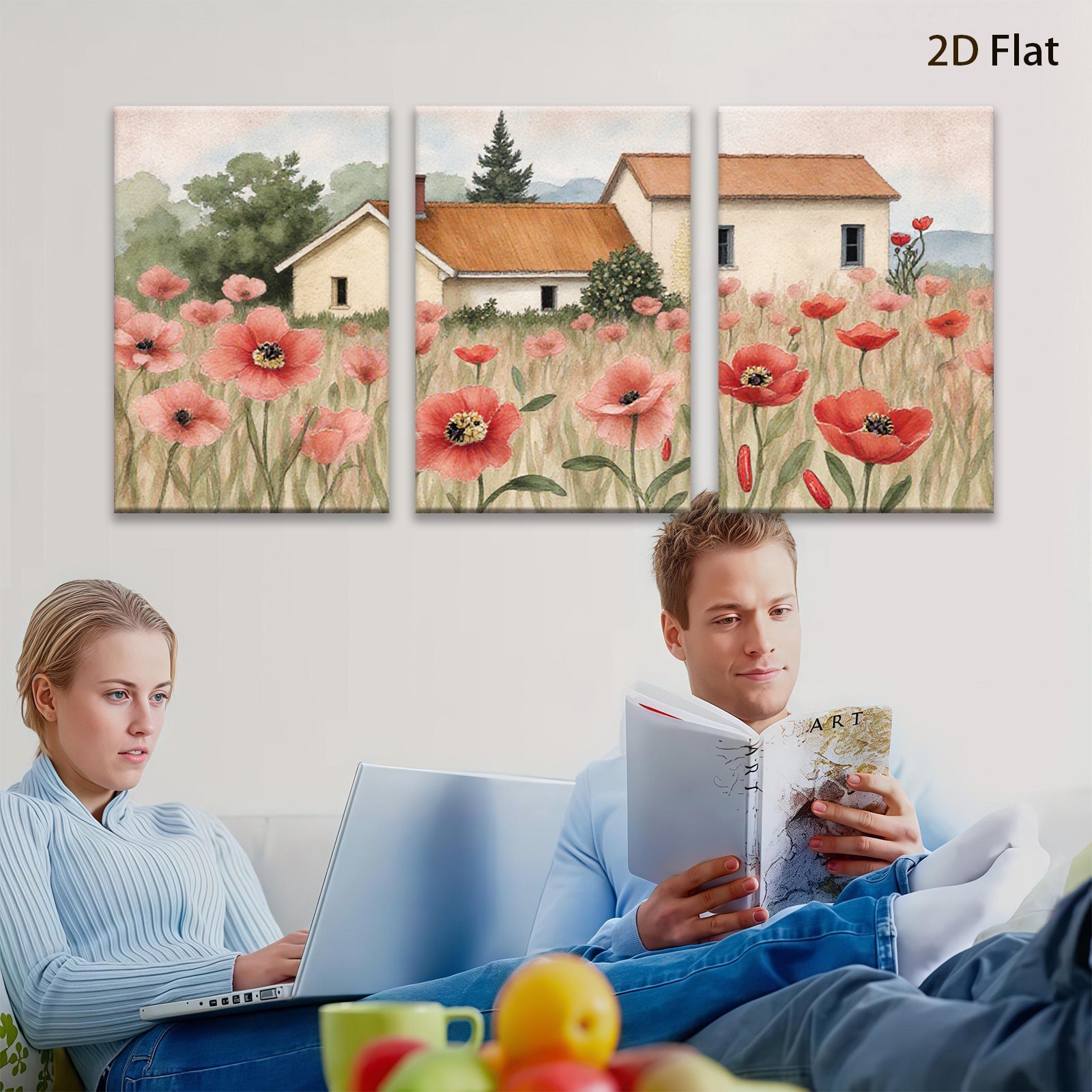2D flat 1pc Farmhouse nestled among vibrant red poppies country living room wall decor rustic kitchen art botanical prints farmhouse style wall art