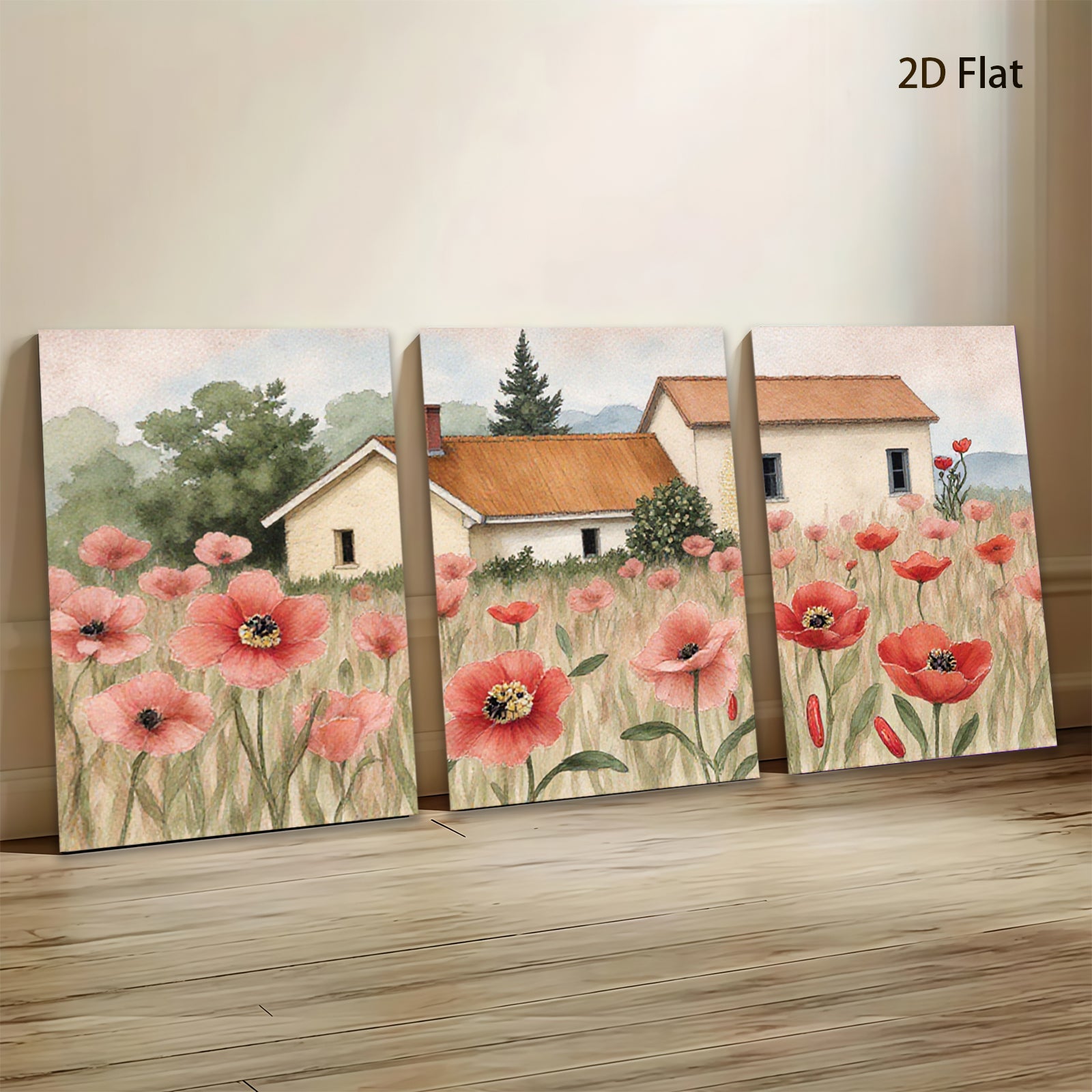 2D flat 1pc Farmhouse nestled among vibrant red poppies country living room wall decor rustic kitchen art botanical prints farmhouse style wall art