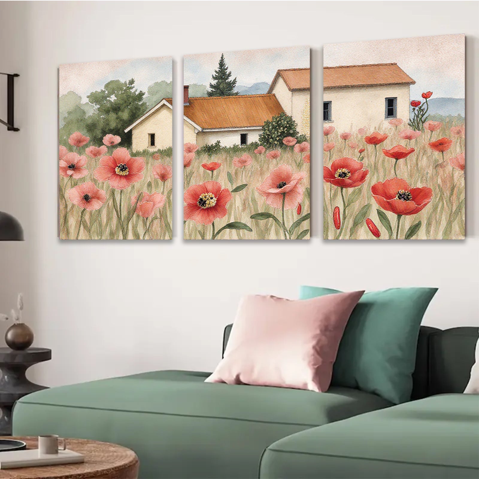 2D flat 1pc Farmhouse nestled among vibrant red poppies country living room wall decor rustic kitchen art botanical prints farmhouse style wall art