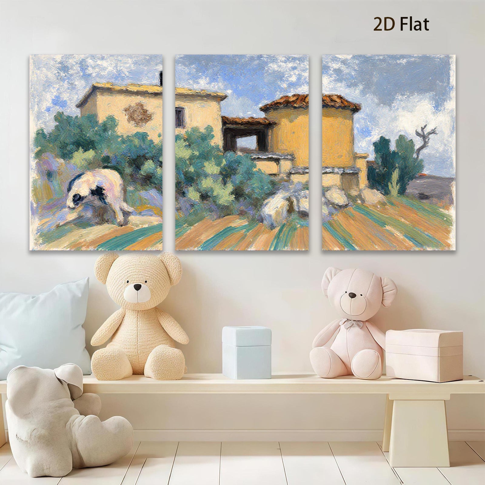2D flat 1pc Farmhouse scene with rustic buildings plus lush greenery perfect for living room bedroom gallery wall farmhouse decor modern aesthetic