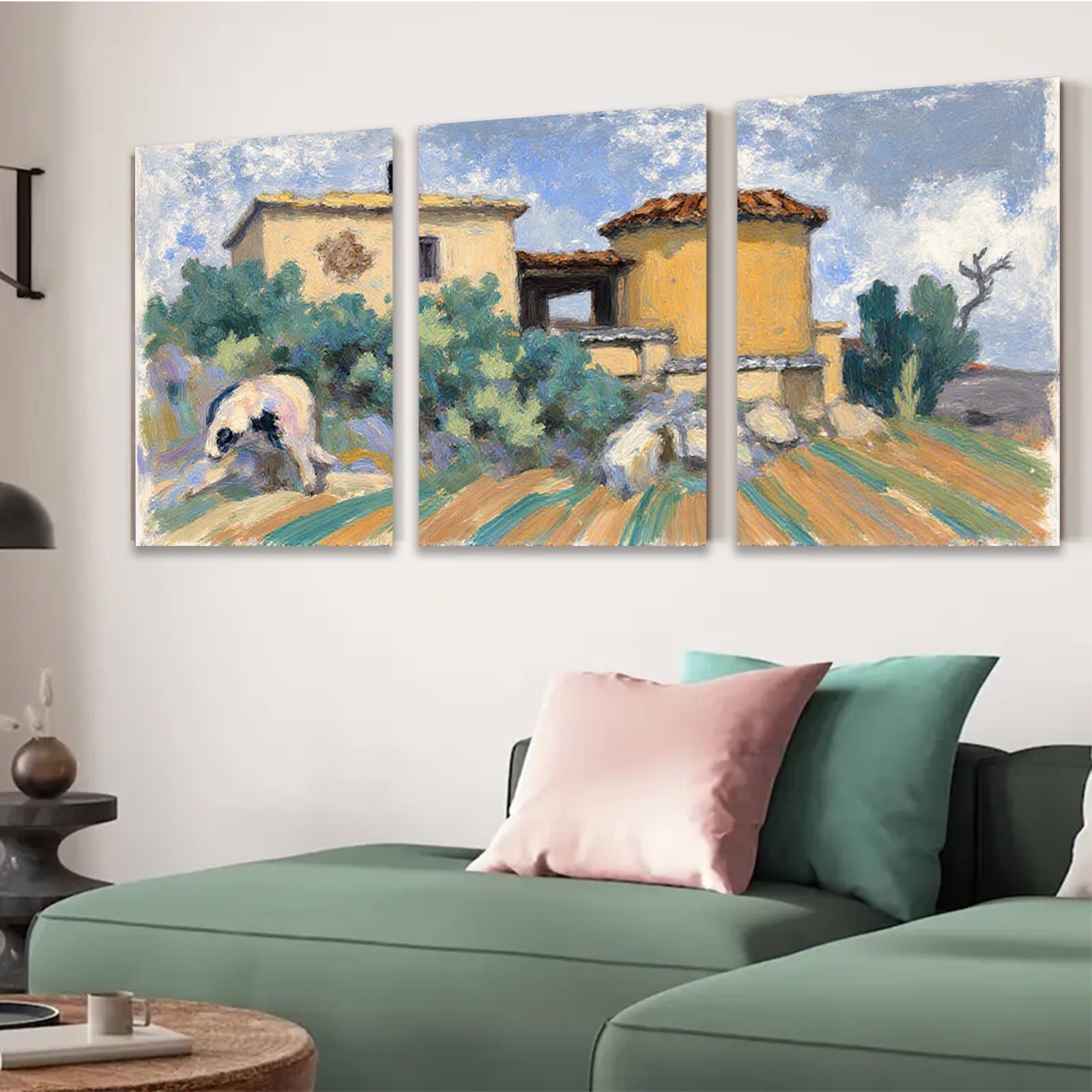 2D flat 1pc Farmhouse scene with rustic buildings plus lush greenery perfect for living room bedroom gallery wall farmhouse decor modern aesthetic