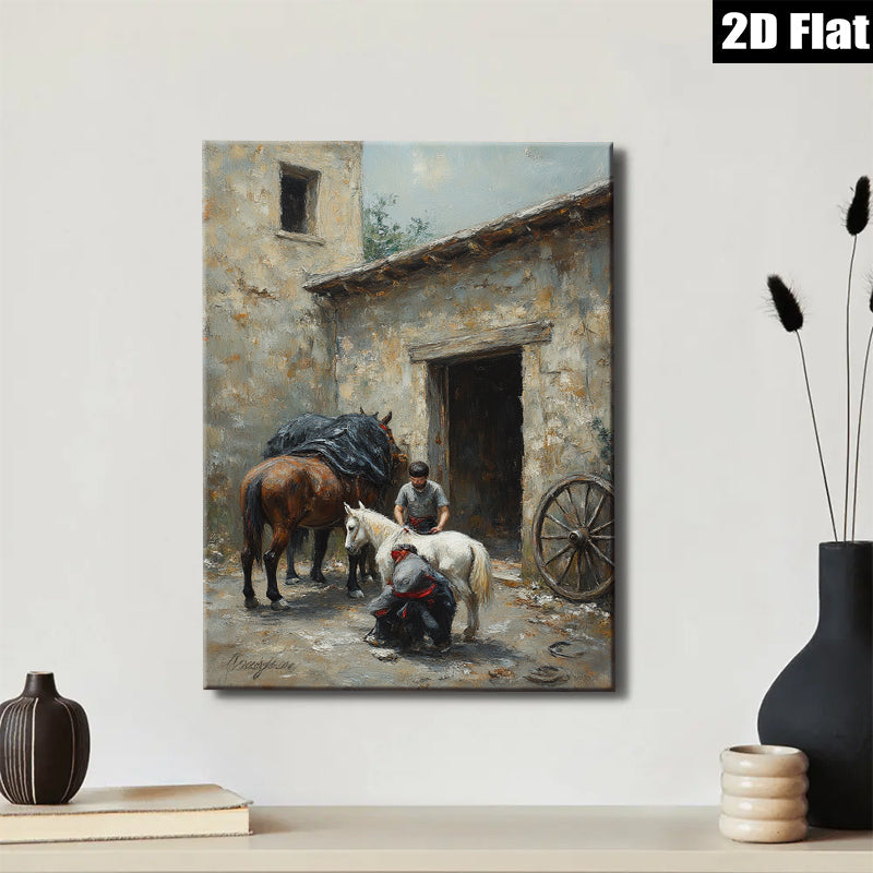 2D flat 1pc Farmyard Scene with Horses and Stable Hand Rustic Wall Art for Living Room Bedroom Home Decor Gallery Wrapped Canvas Prints Modern Farmhouse Style