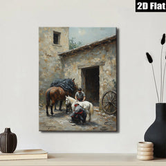 2D flat 1pc Farmyard Scene with Horses and Stable Hand Rustic Wall Art for Living Room Bedroom Home Decor Gallery Wrapped Canvas Prints Modern Farmhouse Style