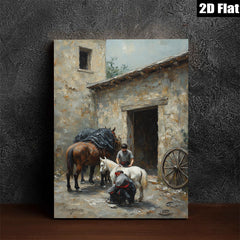 2D flat 1pc Farmyard Scene with Horses and Stable Hand Rustic Wall Art for Living Room Bedroom Home Decor Gallery Wrapped Canvas Prints Modern Farmhouse Style
