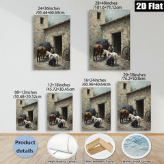 2D flat 1pc Farmyard Scene with Horses and Stable Hand Rustic Wall Art for Living Room Bedroom Home Decor Gallery Wrapped Canvas Prints Modern Farmhouse Style