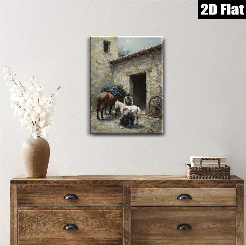 2D flat 1pc Farmyard Scene with Horses and Stable Hand Rustic Wall Art for Living Room Bedroom Home Decor Gallery Wrapped Canvas Prints Modern Farmhouse Style