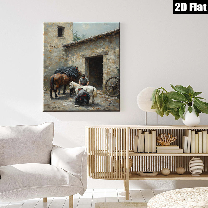 2D flat 1pc Farmyard Scene with Horses and Stable Hand Rustic Wall Art for Living Room Bedroom Home Decor Gallery Wrapped Canvas Prints Modern Farmhouse Style