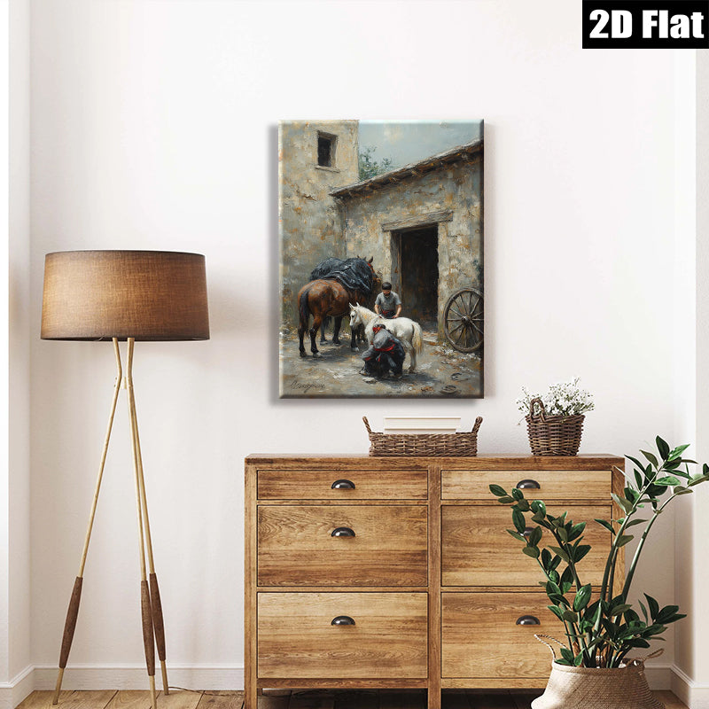 2D flat 1pc Farmyard Scene with Horses and Stable Hand Rustic Wall Art for Living Room Bedroom Home Decor Gallery Wrapped Canvas Prints Modern Farmhouse Style