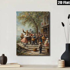 2D flat 1pc Festive Village Scene Children Dancing Rural Life Wall Decor For Living Room Bedroom Gallery Wrapped Canvas Print Modern Farmhouse Style