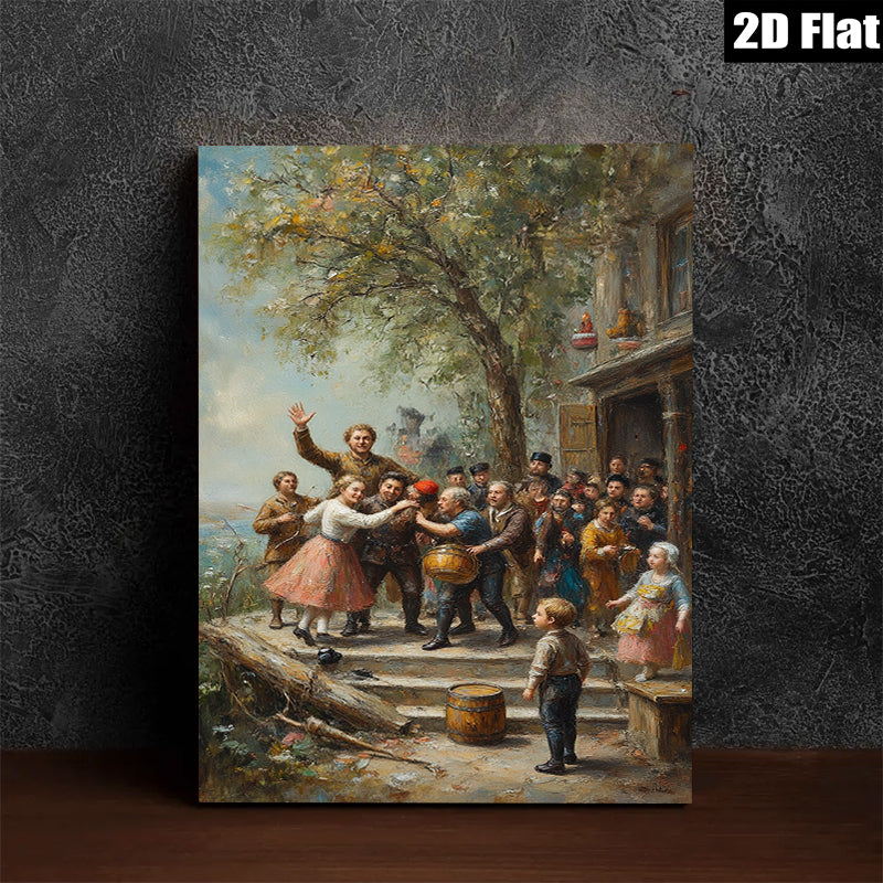 2D flat 1pc Festive Village Scene Children Dancing Rural Life Wall Decor For Living Room Bedroom Gallery Wrapped Canvas Print Modern Farmhouse Style