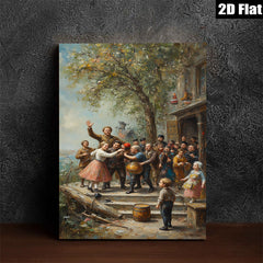 2D flat 1pc Festive Village Scene Children Dancing Rural Life Wall Decor For Living Room Bedroom Gallery Wrapped Canvas Print Modern Farmhouse Style