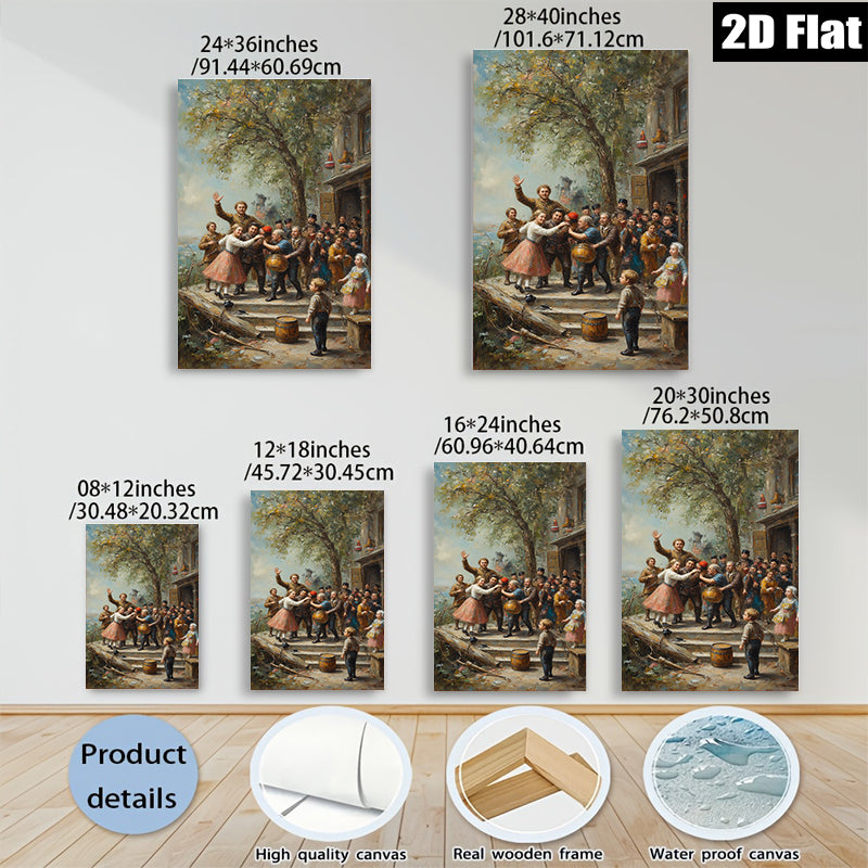 2D flat 1pc Festive Village Scene Children Dancing Rural Life Wall Decor For Living Room Bedroom Gallery Wrapped Canvas Print Modern Farmhouse Style