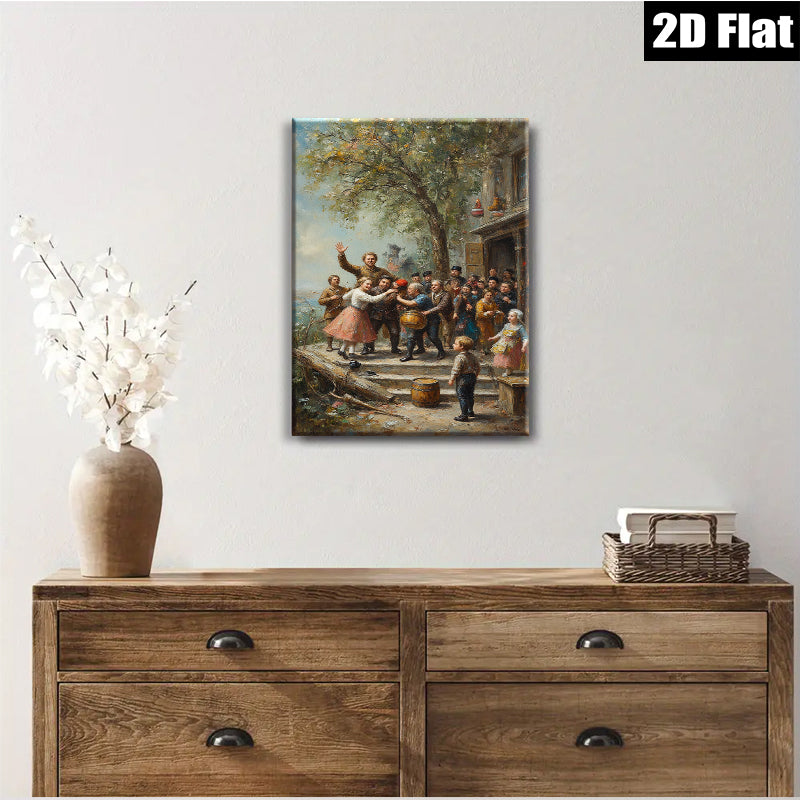 2D flat 1pc Festive Village Scene Children Dancing Rural Life Wall Decor For Living Room Bedroom Gallery Wrapped Canvas Print Modern Farmhouse Style