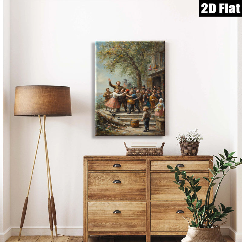 2D flat 1pc Festive Village Scene Children Dancing Rural Life Wall Decor For Living Room Bedroom Gallery Wrapped Canvas Print Modern Farmhouse Style