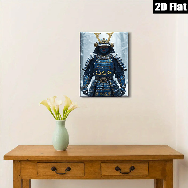2D flat 1pc Fierce Blue Samurai Warrior Portrait Modern Wall Art Living Room Bedroom Decor Gallery Wrapped Canvas Prints for Home Office Rustic Farmhouse Style