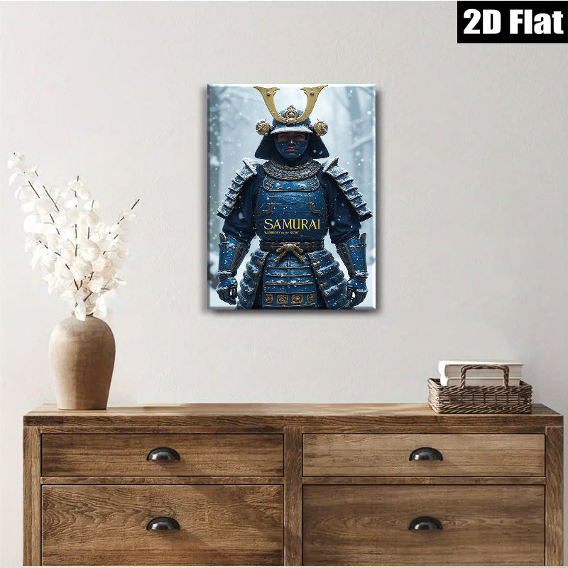 2D flat 1pc Fierce Blue Samurai Warrior Portrait Modern Wall Art Living Room Bedroom Decor Gallery Wrapped Canvas Prints for Home Office Rustic Farmhouse Style