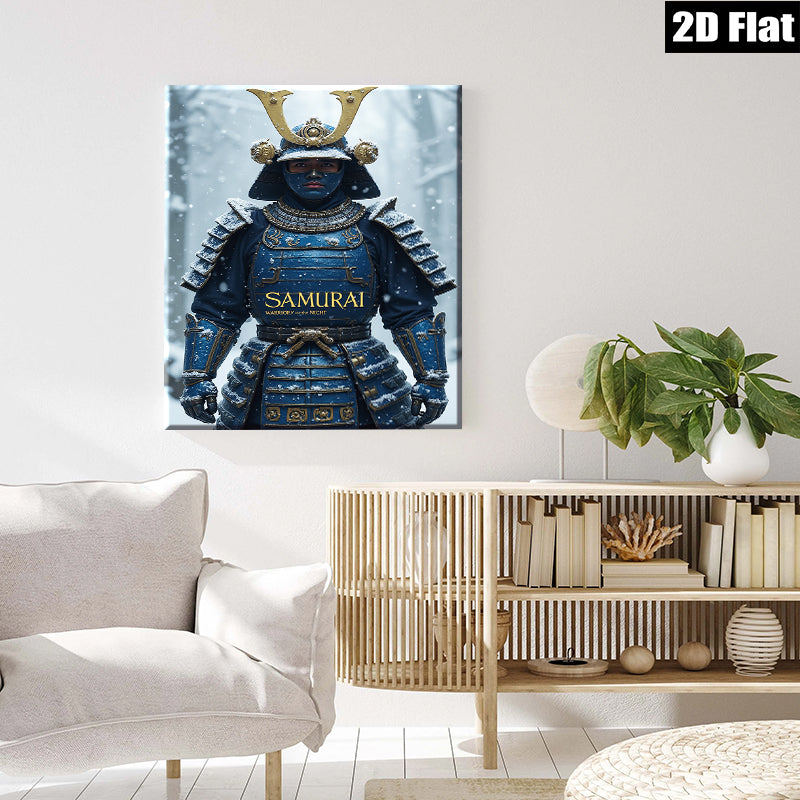 2D flat 1pc Fierce Blue Samurai Warrior Portrait Modern Wall Art Living Room Bedroom Decor Gallery Wrapped Canvas Prints for Home Office Rustic Farmhouse Style