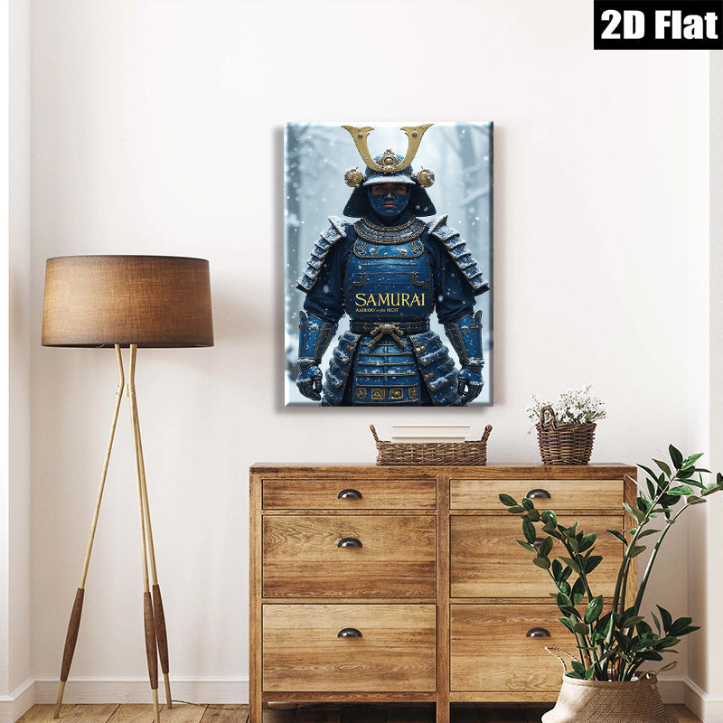 2D flat 1pc Fierce Blue Samurai Warrior Portrait Modern Wall Art Living Room Bedroom Decor Gallery Wrapped Canvas Prints for Home Office Rustic Farmhouse Style