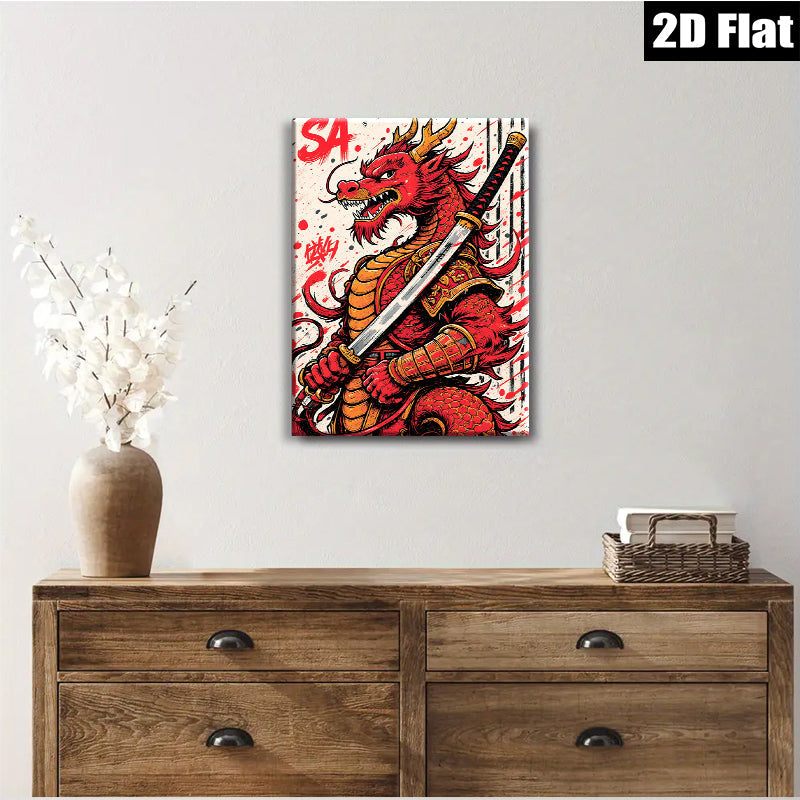 2D flat 1pc Fierce Dragon Warrior Samurai Art bold statement piece living room bedroom modern farmhouse gallery wrapped canvas prints