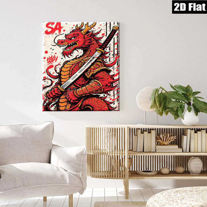 2D flat 1pc Fierce Dragon Warrior Samurai Art bold statement piece living room bedroom modern farmhouse gallery wrapped canvas prints