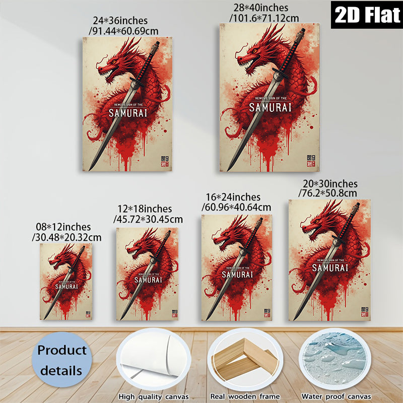 2D flat 1pc Fierce Samurai Dragon Sword Wall Art Canvas Prints for Living Room Bedroom Decor Modern Farmhouse Rustic Style Gallery Wrapped Home Decorations