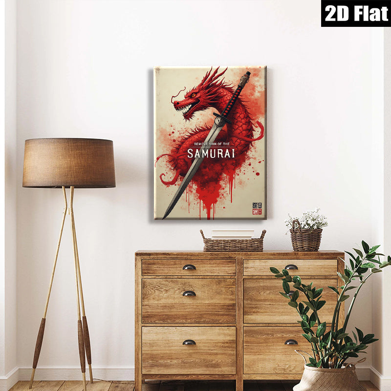 2D flat 1pc Fierce Samurai Dragon Sword Wall Art Canvas Prints for Living Room Bedroom Decor Modern Farmhouse Rustic Style Gallery Wrapped Home Decorations