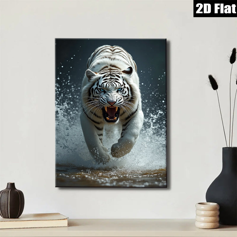 2D flat 1pc Fierce Tiger Running Wildlife Canvas Wall Art For Living Room Bedroom Modern Farmhouse Decor Gallery Wrapped Ready To Hang Teal Blue