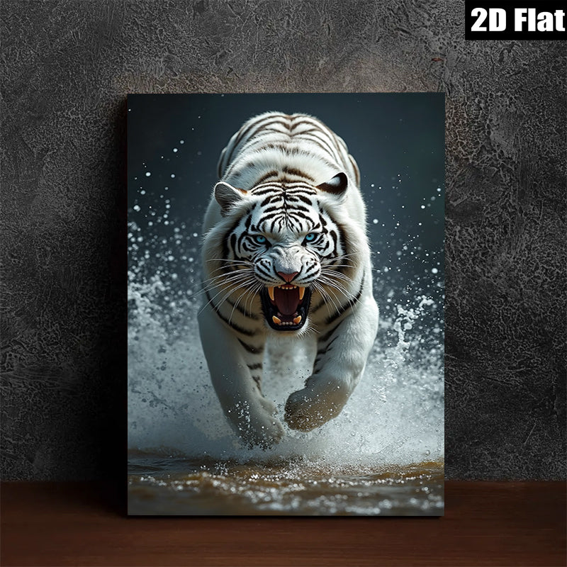 2D flat 1pc Fierce Tiger Running Wildlife Canvas Wall Art For Living Room Bedroom Modern Farmhouse Decor Gallery Wrapped Ready To Hang Teal Blue