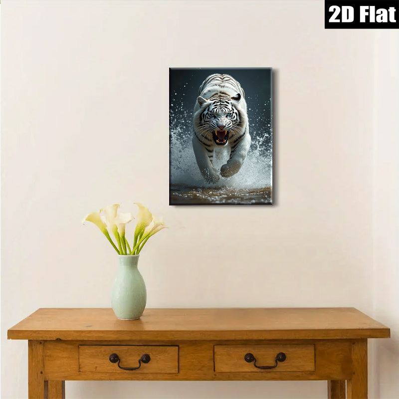 2D flat 1pc Fierce Tiger Running Wildlife Canvas Wall Art For Living Room Bedroom Modern Farmhouse Decor Gallery Wrapped Ready To Hang Teal Blue