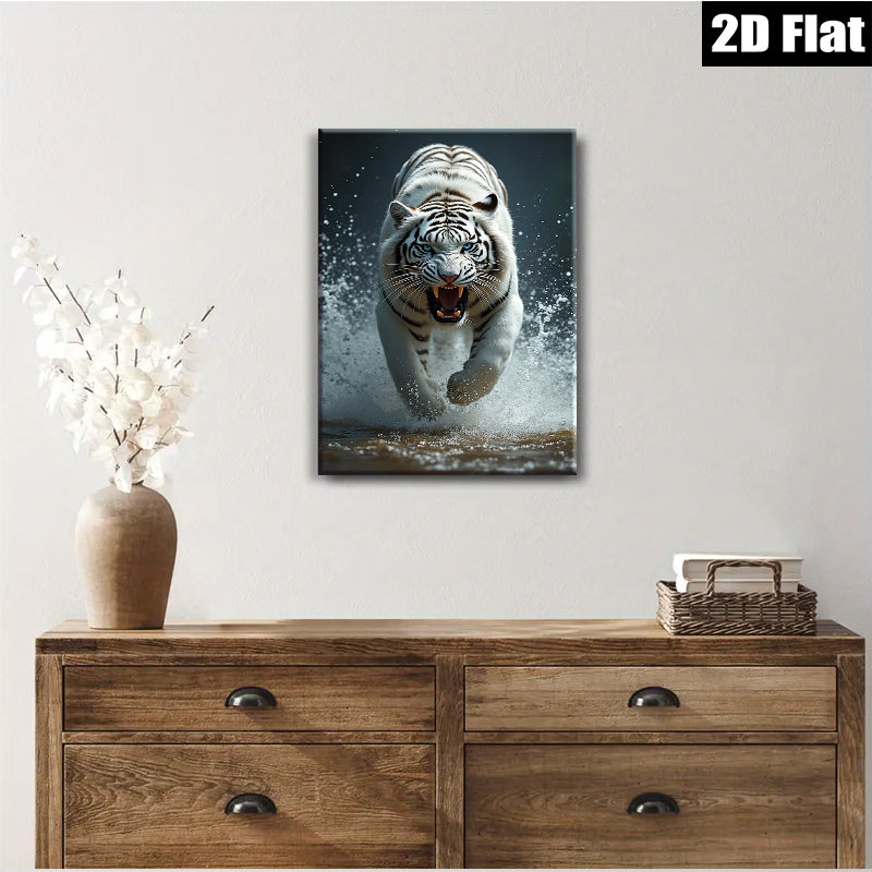 2D flat 1pc Fierce Tiger Running Wildlife Canvas Wall Art For Living Room Bedroom Modern Farmhouse Decor Gallery Wrapped Ready To Hang Teal Blue