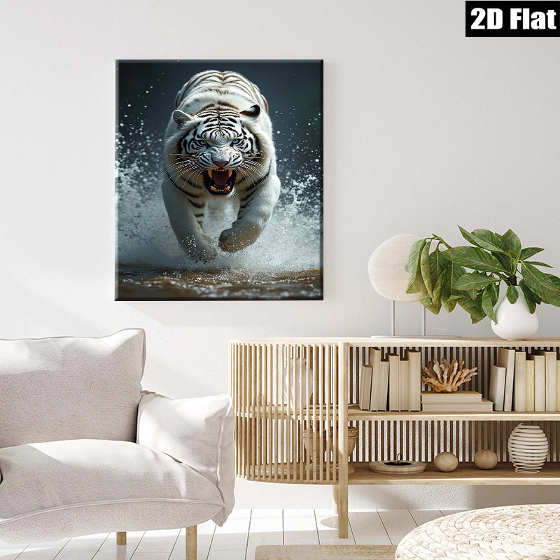 2D flat 1pc Fierce Tiger Running Wildlife Canvas Wall Art For Living Room Bedroom Modern Farmhouse Decor Gallery Wrapped Ready To Hang Teal Blue