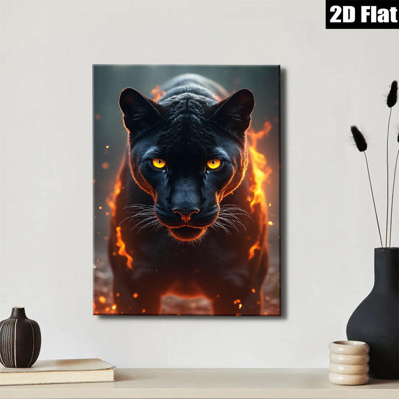 2D flat 1pc Fiery Black Panther Portrait Wall Art Canvas Prints Living Room Bedroom Decor Modern Farmhouse Style Gallery Wrapped Animal Wildlife Art Home Decoration