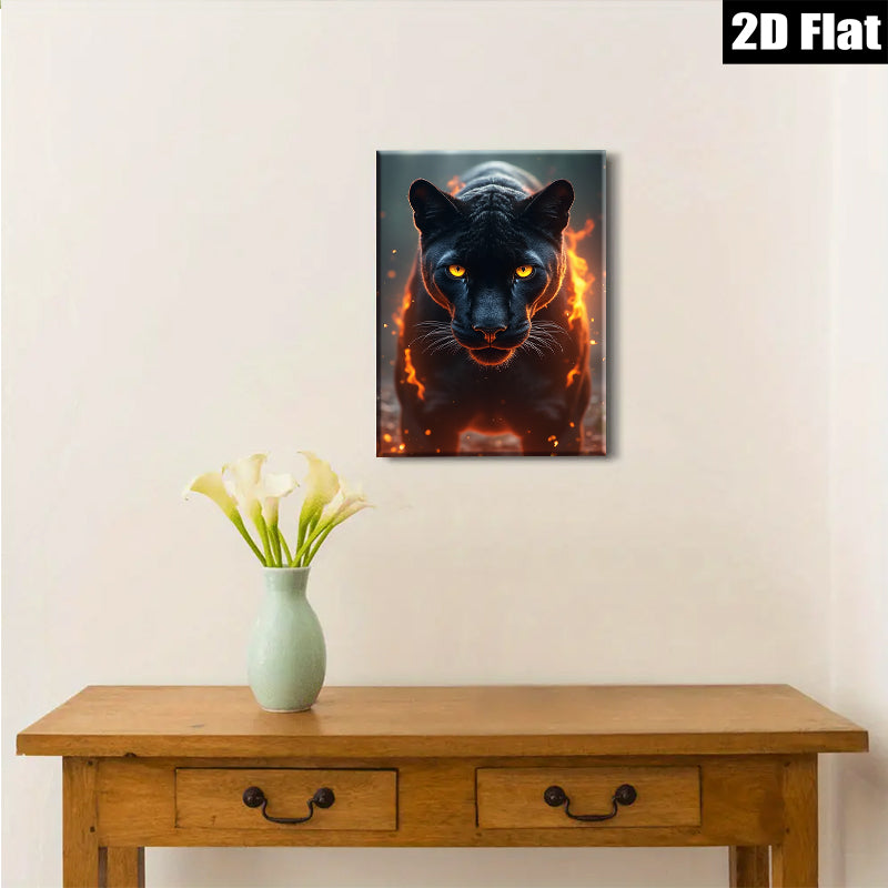 2D flat 1pc Fiery Black Panther Portrait Wall Art Canvas Prints Living Room Bedroom Decor Modern Farmhouse Style Gallery Wrapped Animal Wildlife Art Home Decoration