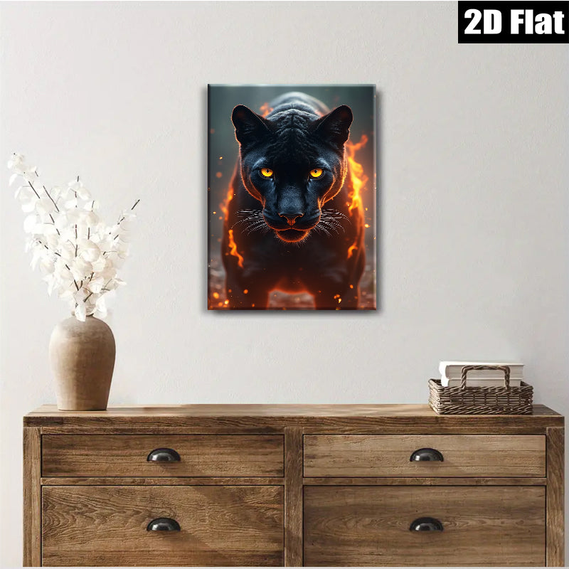 2D flat 1pc Fiery Black Panther Portrait Wall Art Canvas Prints Living Room Bedroom Decor Modern Farmhouse Style Gallery Wrapped Animal Wildlife Art Home Decoration