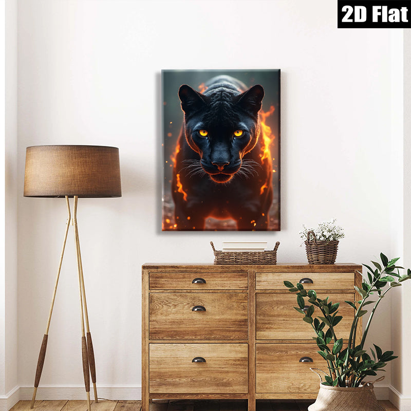 2D flat 1pc Fiery Black Panther Portrait Wall Art Canvas Prints Living Room Bedroom Decor Modern Farmhouse Style Gallery Wrapped Animal Wildlife Art Home Decoration