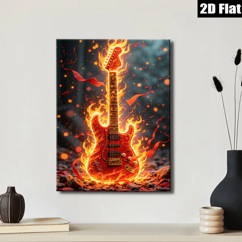 2D flat 1pc Fiery Electric Guitar Wall Art Canvas Prints Music Room Decor Living Room Artwork Modern Home Decorations Trending Now Gallery Wrapped Ready to Hang