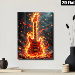 2D flat 1pc Fiery Electric Guitar Wall Art Canvas Prints Music Room Decor Living Room Artwork Modern Home Decorations Trending Now Gallery Wrapped Ready to Hang