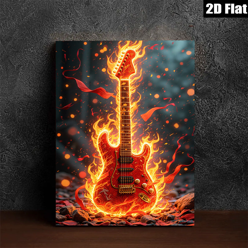2D flat 1pc Fiery Electric Guitar Wall Art Canvas Prints Music Room Decor Living Room Artwork Modern Home Decorations Trending Now Gallery Wrapped Ready to Hang