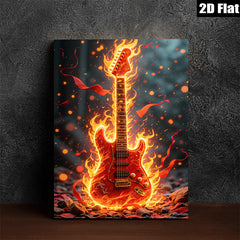 2D flat 1pc Fiery Electric Guitar Wall Art Canvas Prints Music Room Decor Living Room Artwork Modern Home Decorations Trending Now Gallery Wrapped Ready to Hang