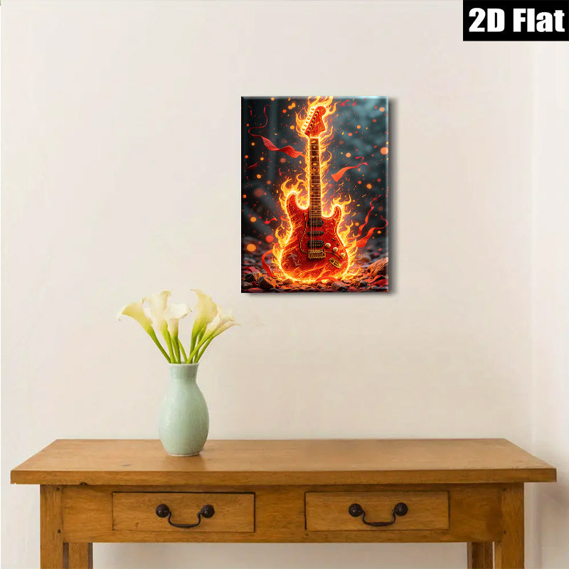 2D flat 1pc Fiery Electric Guitar Wall Art Canvas Prints Music Room Decor Living Room Artwork Modern Home Decorations Trending Now Gallery Wrapped Ready to Hang