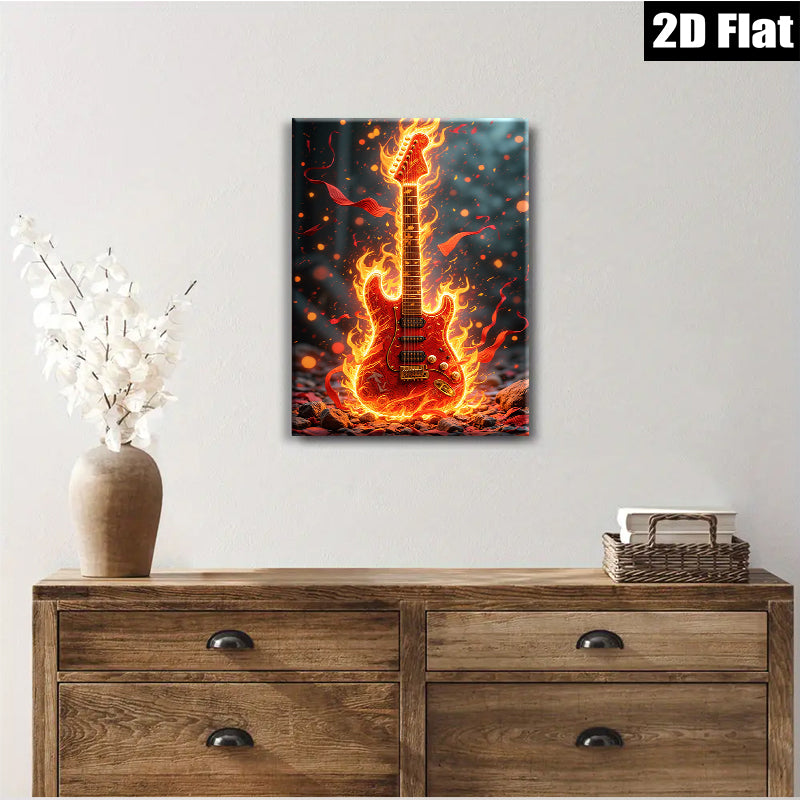 2D flat 1pc Fiery Electric Guitar Wall Art Canvas Prints Music Room Decor Living Room Artwork Modern Home Decorations Trending Now Gallery Wrapped Ready to Hang